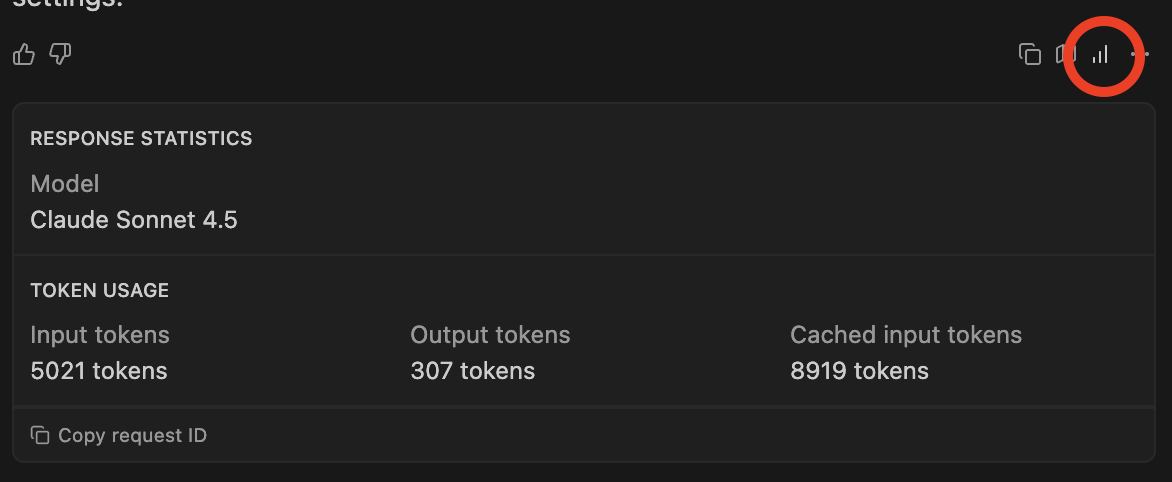 Response card showing token usage statistics