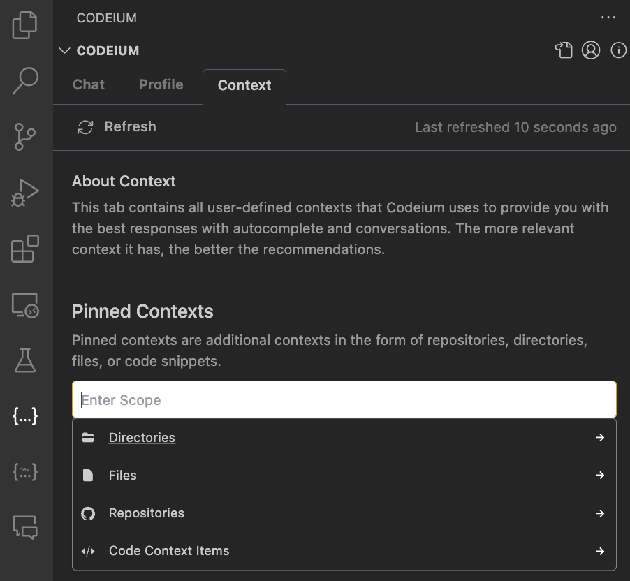 Context pinning options.
