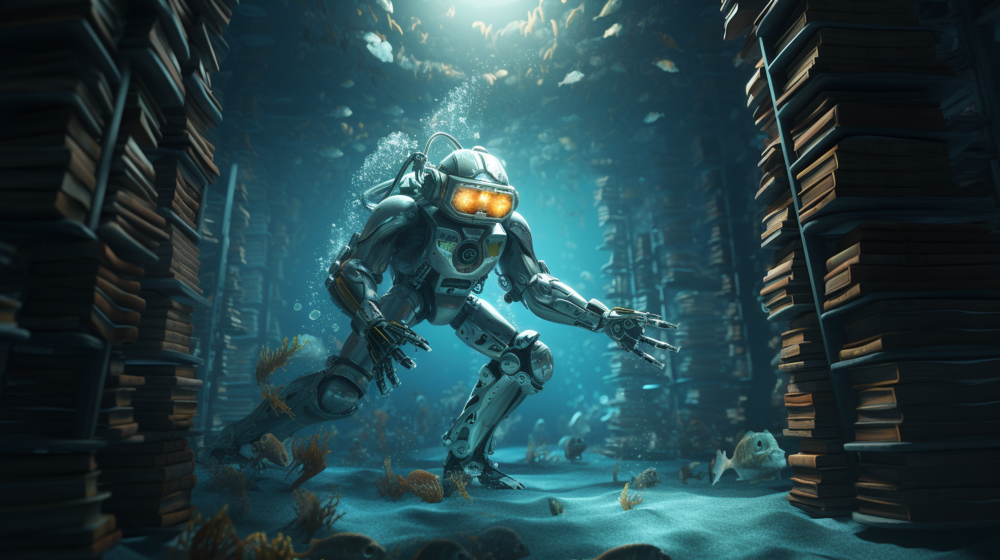 A deep sea diver exploring a library.
