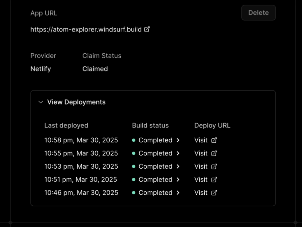 Past deployments and their statuses on our website