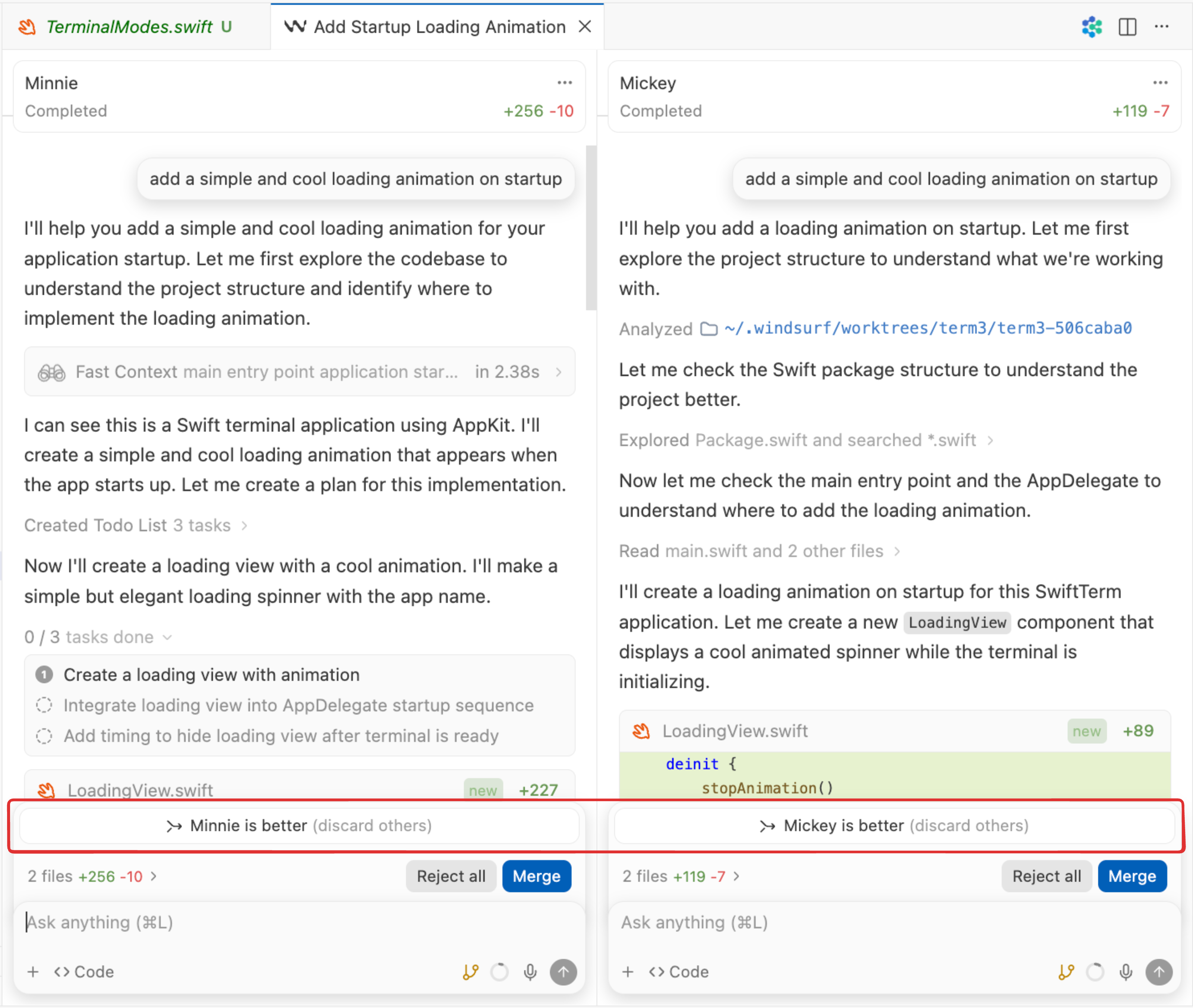 Side-by-side comparison of two completed Cascade agent sessions with voting options