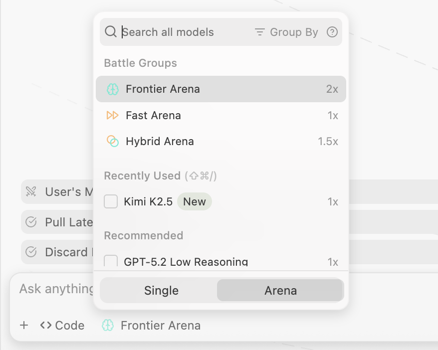 Model picker with Arena tab showing Battle Groups and model selection