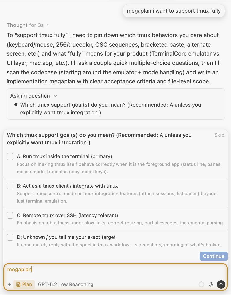 Megaplan interaction showing Cascade asking clarifying questions to create a detailed implementation plan