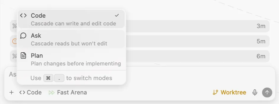 Cascade mode toggle showing Code, Ask, and Plan modes