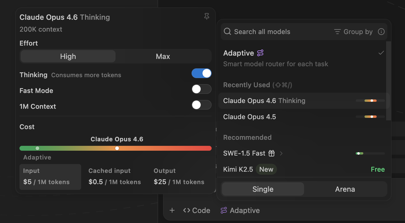 Updated model picker showing token pricing for Claude Opus 4.6