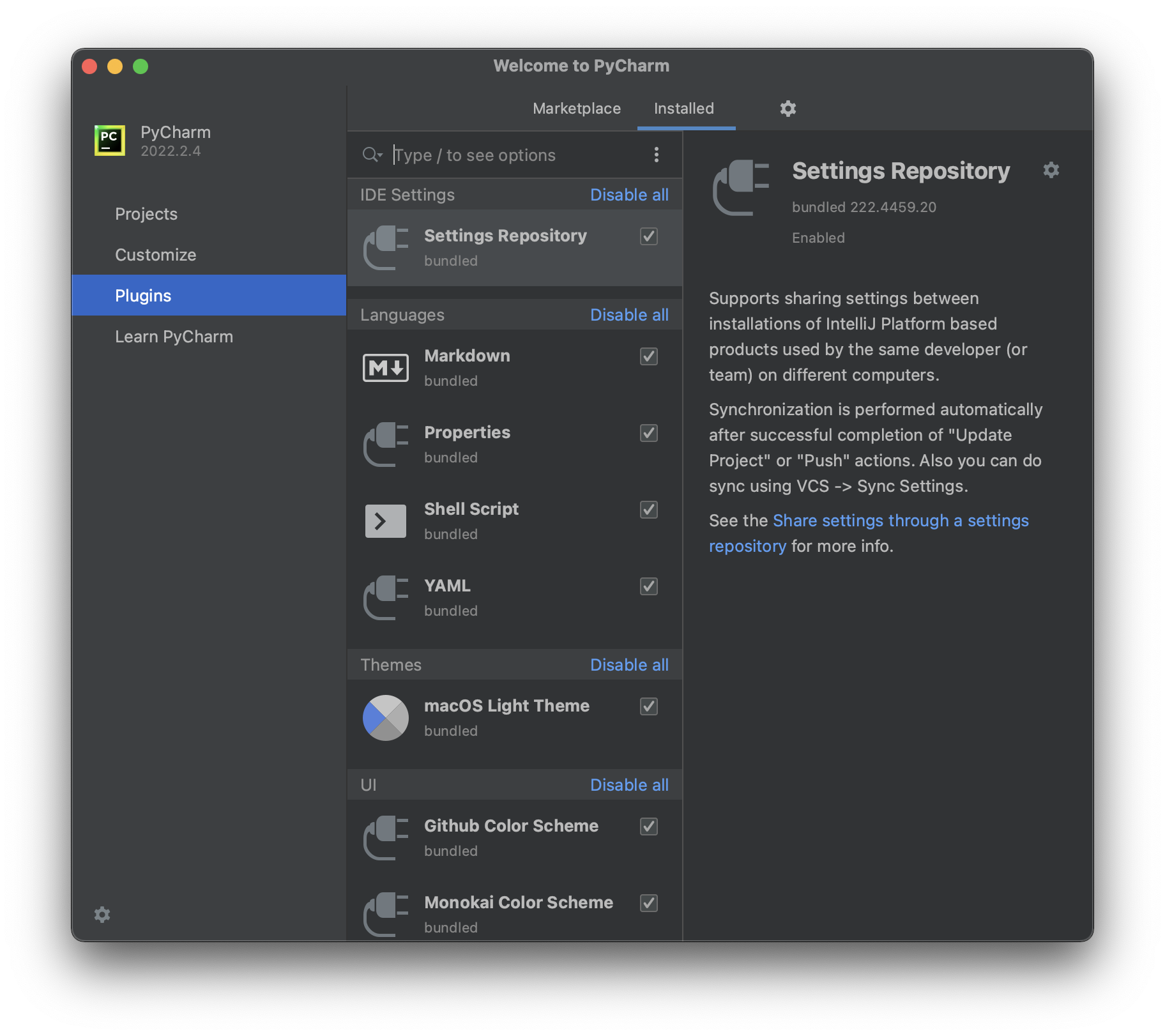 Plugins menu in PyCharm settings