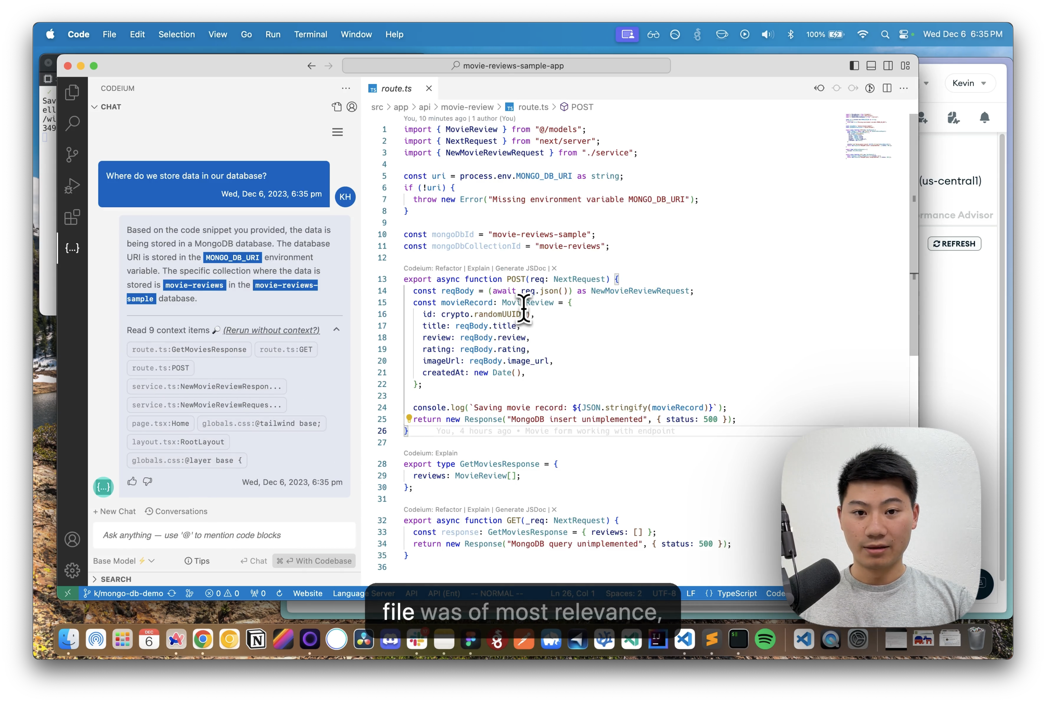 codeium mongodb chat context