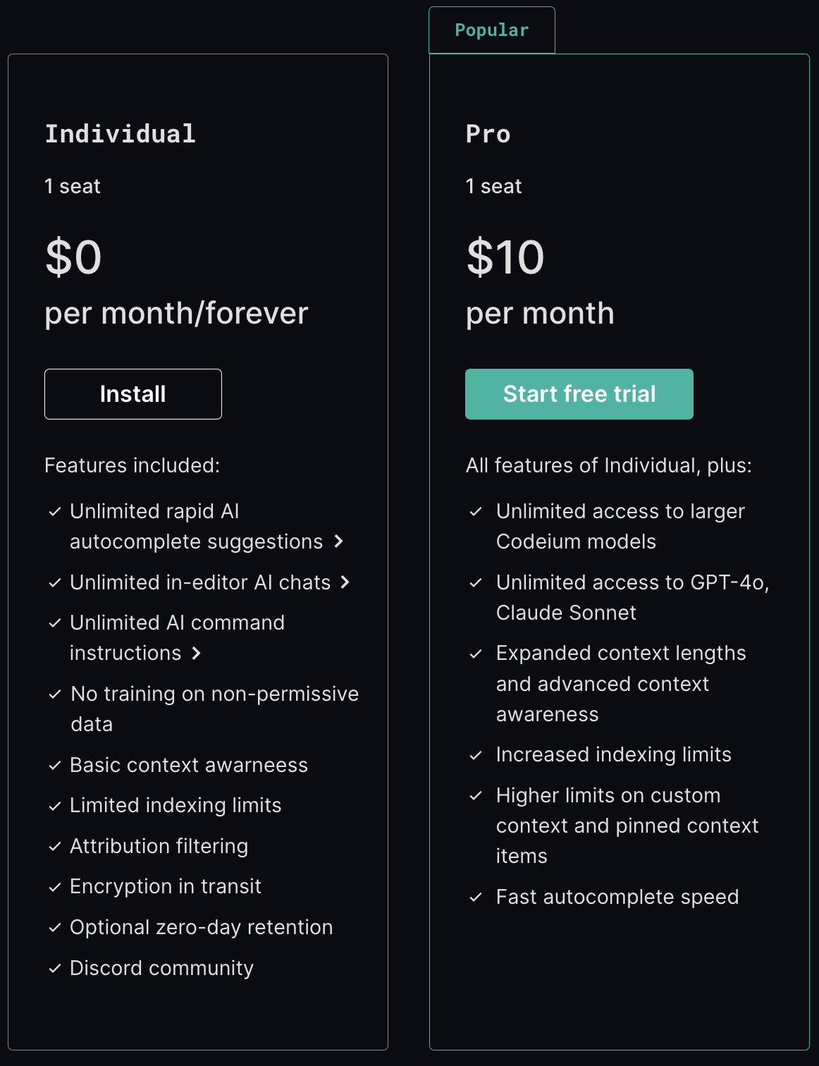 Pricing cards for Codeium free and Pro tier